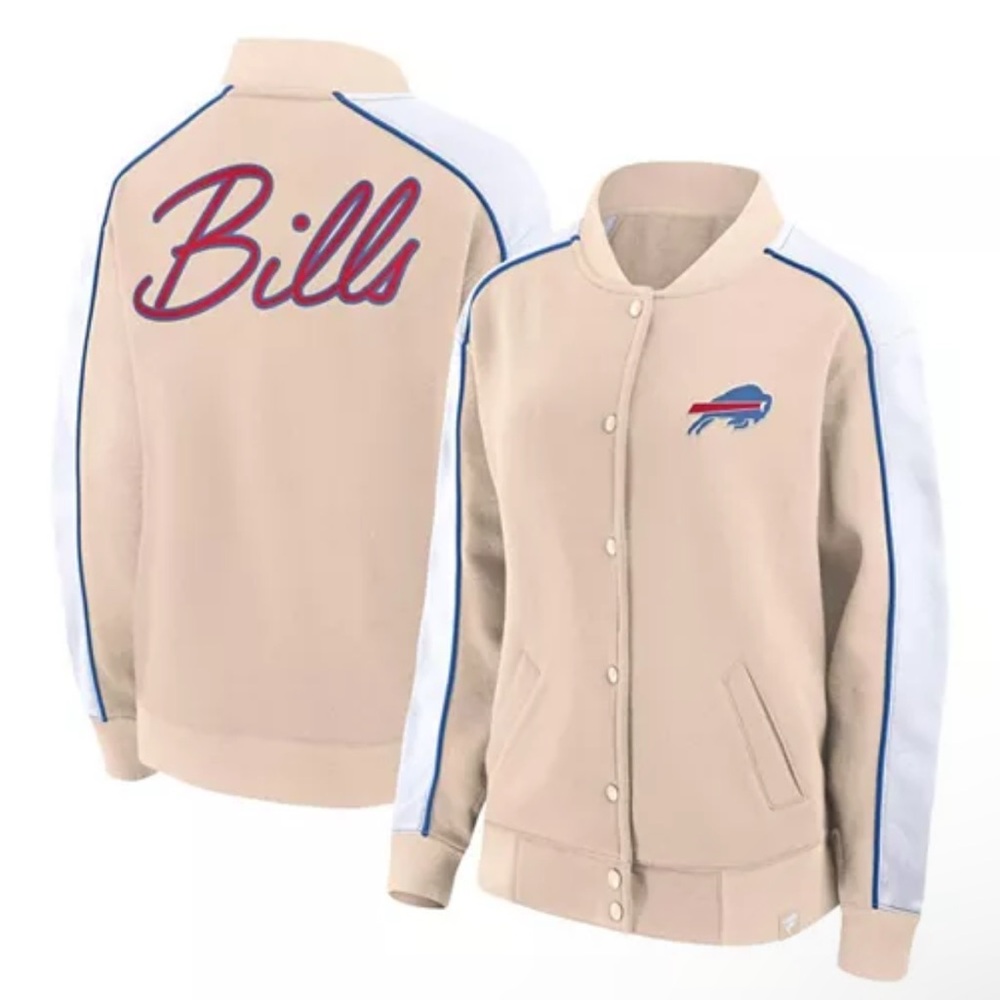 NWT Buffalo Bills Fanatics Tan Lounge Fly Full Snap Varsity Jacket